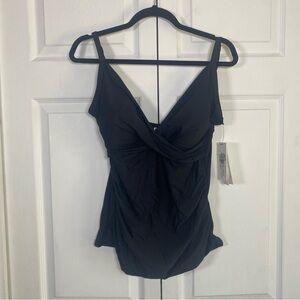 DKNY Twist-Front Tummy Control Shirred Tankini‎ Bikini Top Black LARGE